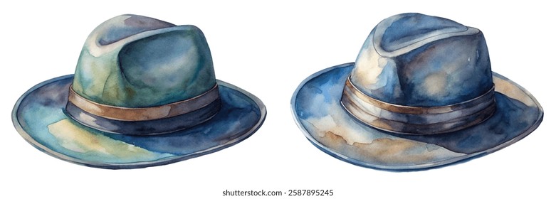 Watercolor hats, stylish design, artistic rendering, blue and green tones, fashion accessories, vintage feel.