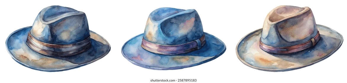 Watercolor hats, stylish design, various angles, artistic illustration, fashion accessories, creative artwork.