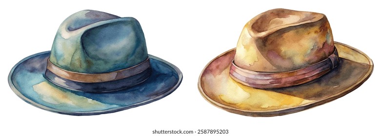 Watercolor hats, stylish designs, vintage feel, artistic rendering, fashion accessories, colorful palettes, creative illustration.