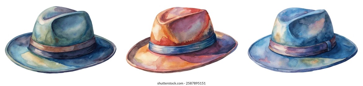 Watercolor hats, stylish headwear, artistic design, vibrant colors, fashion accessories, creative illustration, modern decor.