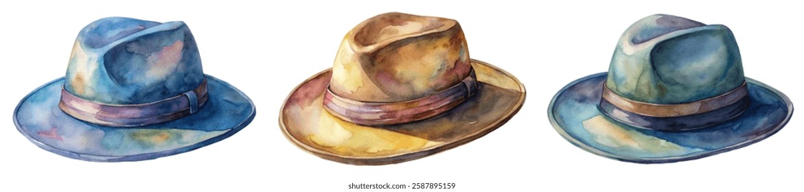 Watercolor hats, stylish headwear, artistic illustration, vibrant colors, fashion accessories, unique design, creative artwork.