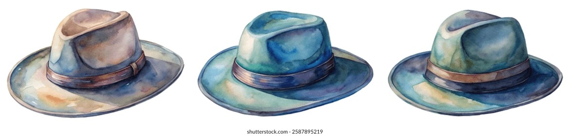 Watercolor hats, stylish headwear, artistic design, vibrant colors, fashion illustrations, creative artwork, trendy accessories, unique textures.