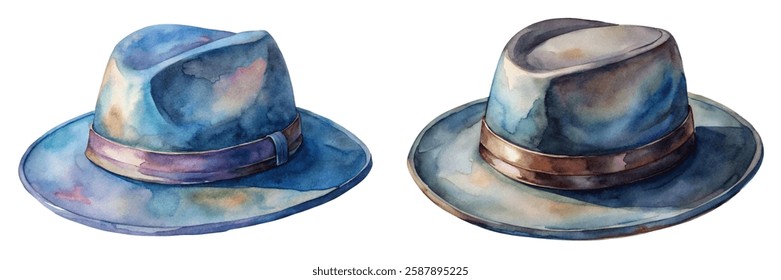 Watercolor hats, stylish headwear, blue tones, artistic illustration, fashion accessories, vintage design, creative artwork.