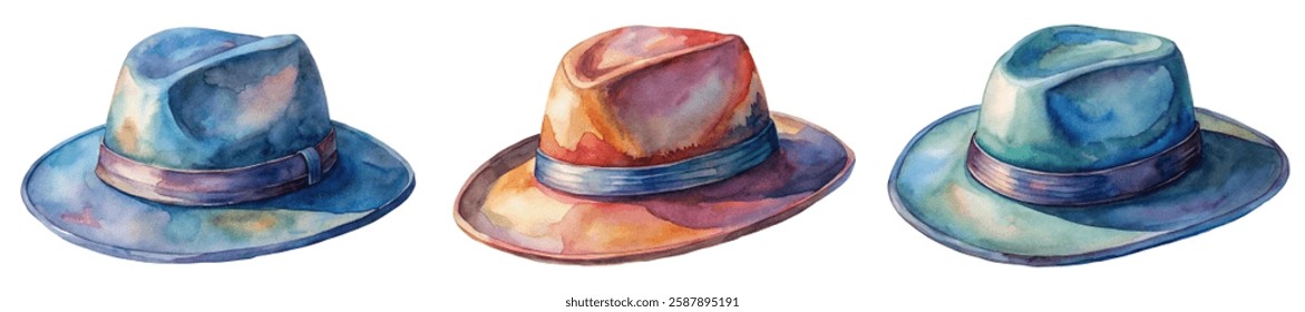 Watercolor hats, stylish headwear, colorful designs, artistic illustration, fashion accessories, creative artwork.