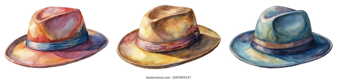 Watercolor hats, stylish headwear, vibrant colors, artistic design, fashion accessories, creative illustration, trendy look.