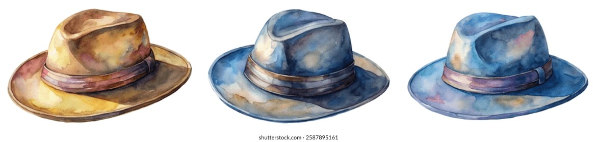 Watercolor hats, stylish headwear, vintage fashion, artistic illustration, colorful palette, creative design, accessory art.