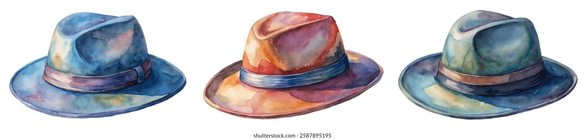 Watercolor hats, vibrant colors, artistic design, stylish accessories, fashion illustration, creative artwork.