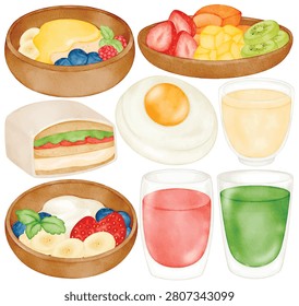 Watercolor healthy breakfast set with fruit bowl yogurt sandwich fried egg smoothie and fresh juice glasses