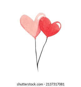 Watercolor Heart balloon isolated. Two colorful balloons on white background. Romantic symbol join, love, birthday, and wedding. Colorful mark of valentine day. Design element. Vector illustration