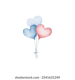 Watercolor Heart balloon isolated. Two colorful balloons on white background. Romantic symbol join, love, birthday, and wedding. Colorful mark of valentine day. Design element. Vector illustration