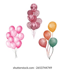 Watercolor Heart balloon isolated. Two colorful balloons on white background. Romantic symbol join, love, birthday, and wedding. Colorful mark of valentine day. Design element. Vector illustration