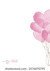 Watercolor heart balloons illustration, pink and gold, minimal design with white background. Ideal for Valentine’s Day cards.