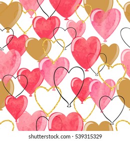 Watercolor heart balloons seamless pattern. Valentines day romantic vector background. 