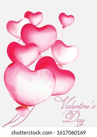 Watercolor heart balloons of various size flying