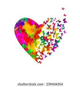 Watercolor heart with butterflies. Illustrat3. Vector 