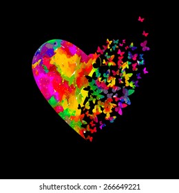 Watercolor heart with butterflies on a black background. Vector 