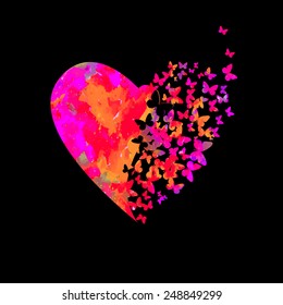 Watercolor heart with butterflies. Vector