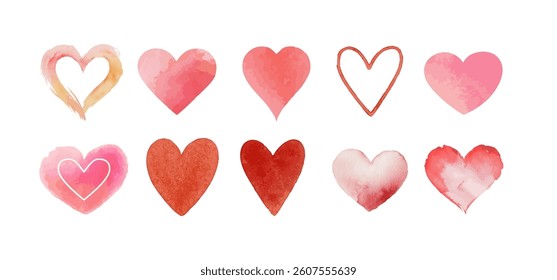 Watercolor Heart Collection, Hand-Painted Romantic Symbol hearts in Red and Pink