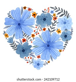 Watercolor heart of flowers.  Valentine's Day card.