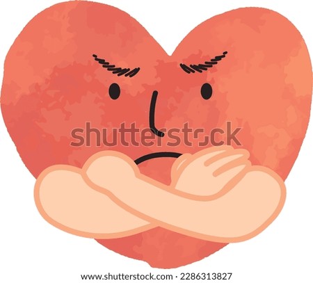 Watercolor heart with folded arms and a thinking or angry expression