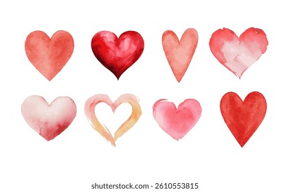 watercolor heart icons. Hand painted water color hearts. Vector illustration.