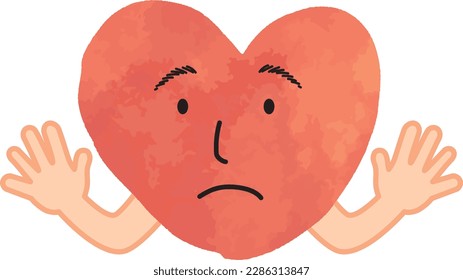 Watercolor heart with outstretched hands and a troubled face expression