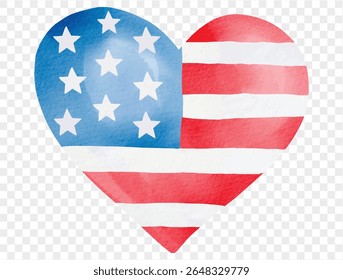 Watercolor heart painted in red, white, and blue, symbolizing love for America and patriotic celebration themes.vector.