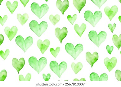 Watercolor heart pattern, green shades, romantic design, seamless background, artistic texture, nature-inspired style.