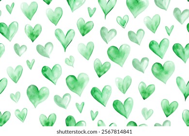 Watercolor heart pattern, green shades, soft textures, romantic design, nature-inspired, seamless background, artistic decor.