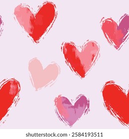 Watercolor Heart Pattern, Hand-Drawn Brush Stroke Hearts