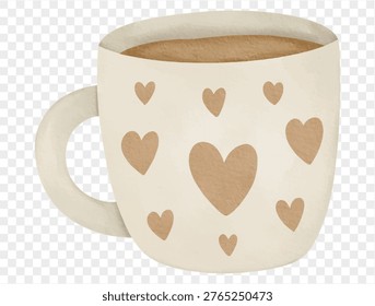 Watercolor heart pattern mug cozy warm drink romantic illustration isolated object vector.