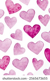 Watercolor heart pattern, pink and purple hues, romantic design, perfect for Valentine's Day, love-themed backgrounds.