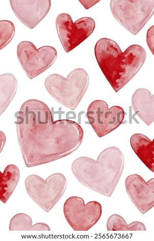 Watercolor heart pattern, romantic design, soft pink hues, artistic illustration, seamless background, love theme.