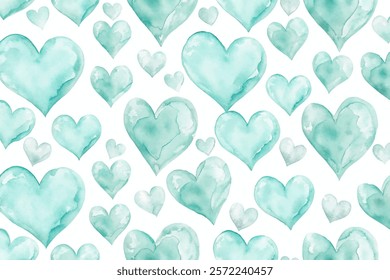 Watercolor heart pattern, soft green hues, romantic design, seamless background, decorative elements, love theme.