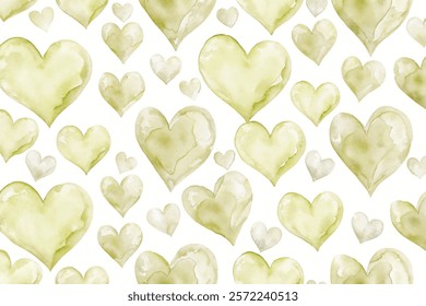 Watercolor heart pattern, soft green hues, romantic design, seamless background, perfect for invitations, love themes.