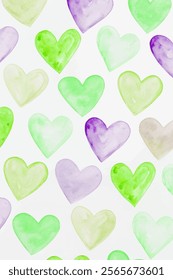 Watercolor heart pattern, soft pastel colors, green and purple shades, seamless design, romantic background, artistic decor.