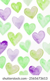 Watercolor heart pattern, soft pastel colors, green and purple hearts, romantic design, seamless background.