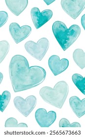 Watercolor heart pattern, soft teal shades, seamless design, romantic theme, perfect for invitations, backgrounds, and prints.