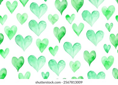 Watercolor heart patterns, green shades, seamless design, romantic decor, nature-inspired art, background for projects.