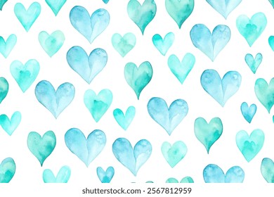 Watercolor heart patterns, soft blue shades, romantic design, seamless background, artistic texture, perfect for invitations.