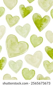 Watercolor heart patterns, soft green shades, romantic design, seamless background, artistic texture, nature-inspired style.