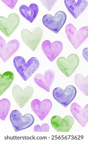 Watercolor heart patterns, soft pastel colors, romantic design, seamless background, artistic texture, love theme.