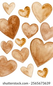 Watercolor heart patterns, warm brown tones, romantic design elements, perfect for invitations, love themes, and decor.