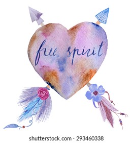 Watercolor heart pierced by an arrow