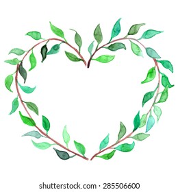 Watercolor Heart Shaped Plant Branch Wreath Isolated Vector