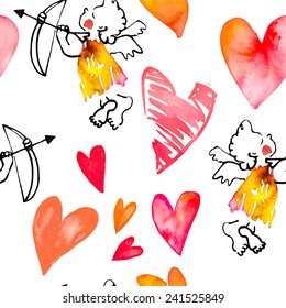 Watercolor heart. Valentine's Day. Vector. Pattern with hearts and cupids