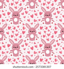 Watercolor hearts with bunnies. Pink bunny, seamless template with watercolor spots and hearts for lovers, mom, girlfriend and kids room.