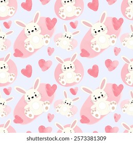 Watercolor hearts with bunnies. Pink bunny, seamless template with watercolor spots and hearts for lovers, mom, girlfriend and kids room.