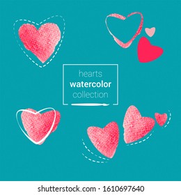 Watercolor hearts collection. Editable random hearts with texture and white outlines.