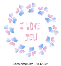 Watercolor hearts design element. Colorful frame from watercolor hearts. Colorful watercolor romantic card template.